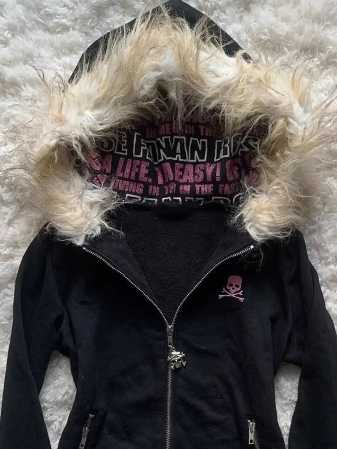 Black & Pink Skull Furry Hood Zip UP