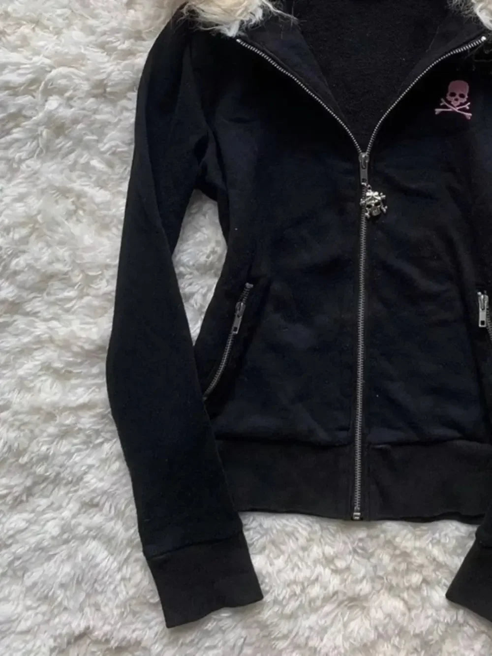 Black & Pink Skull Furry Hood Zip UP