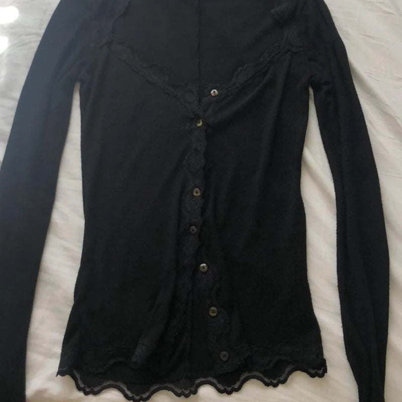 Black Lace Button Up Top