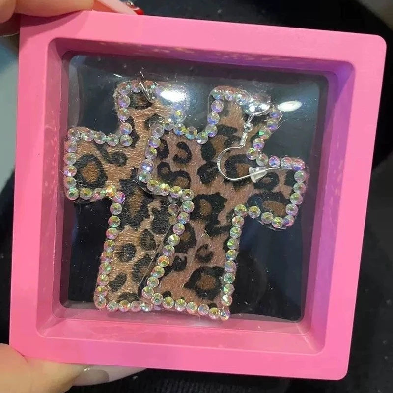 McBling Cheetah Cross Earrings