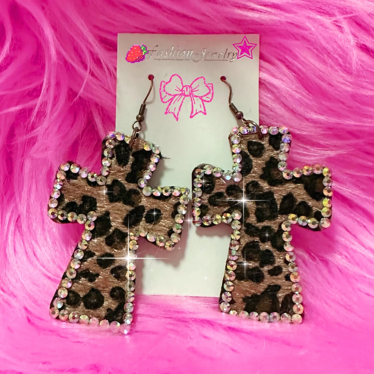 McBling Cheetah Cross Earrings