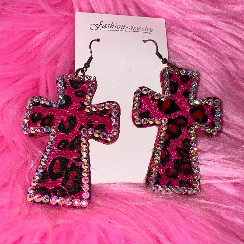 McBling Cheetah Cross Earrings