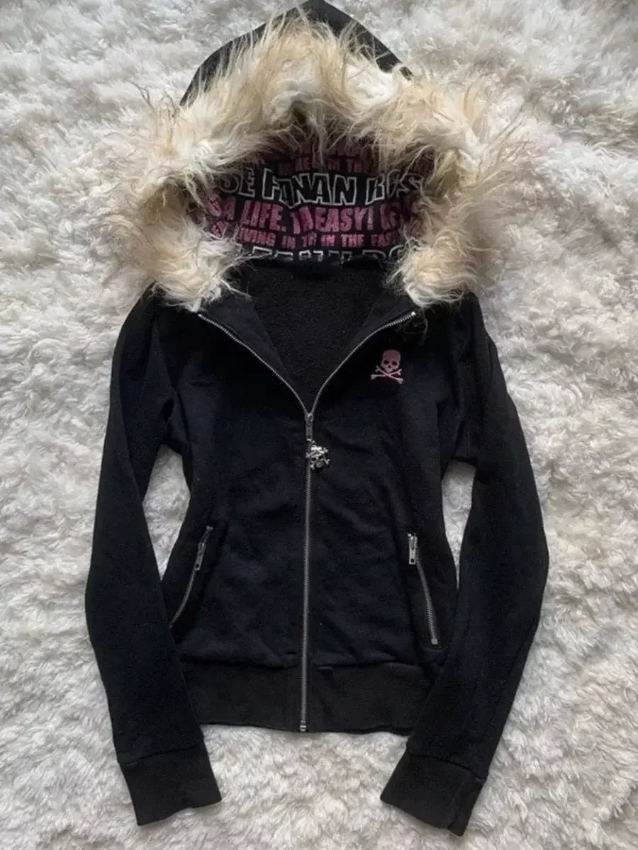 Black & Pink Skull Furry Hood Zip UP