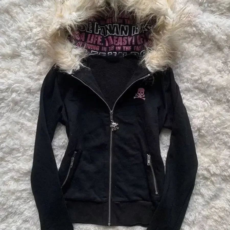 Black & Pink Skull Furry Hood Zip UP