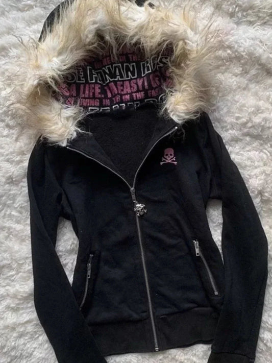 Black & Pink Skull Furry Hood Zip UP