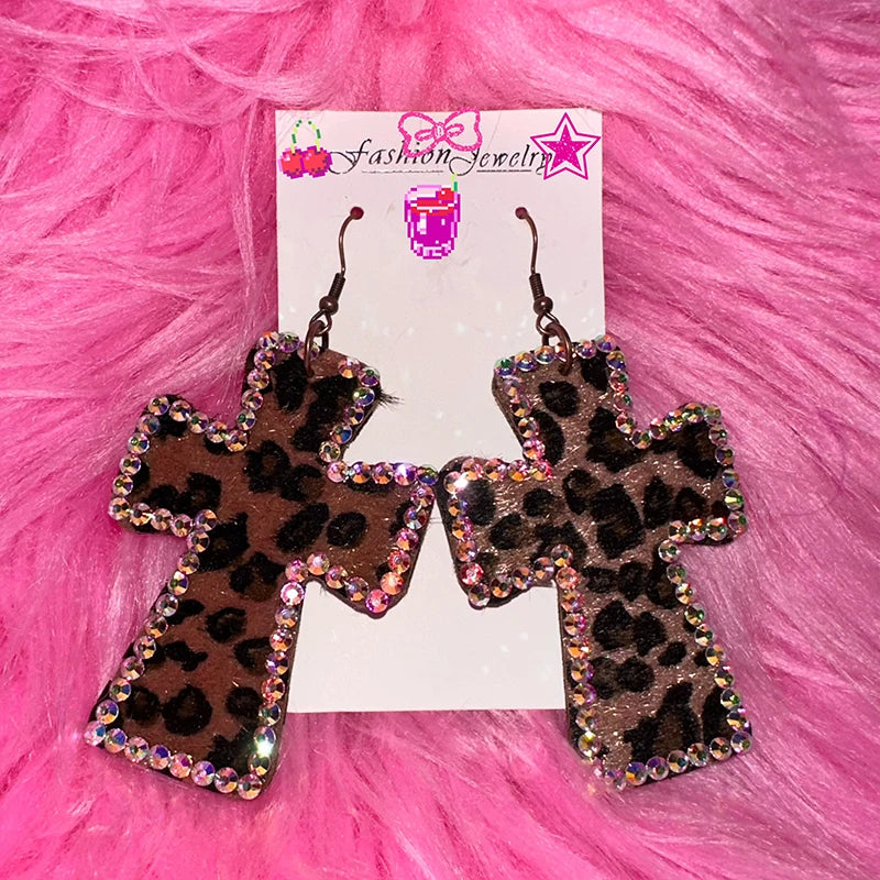 McBling Cheetah Cross Earrings