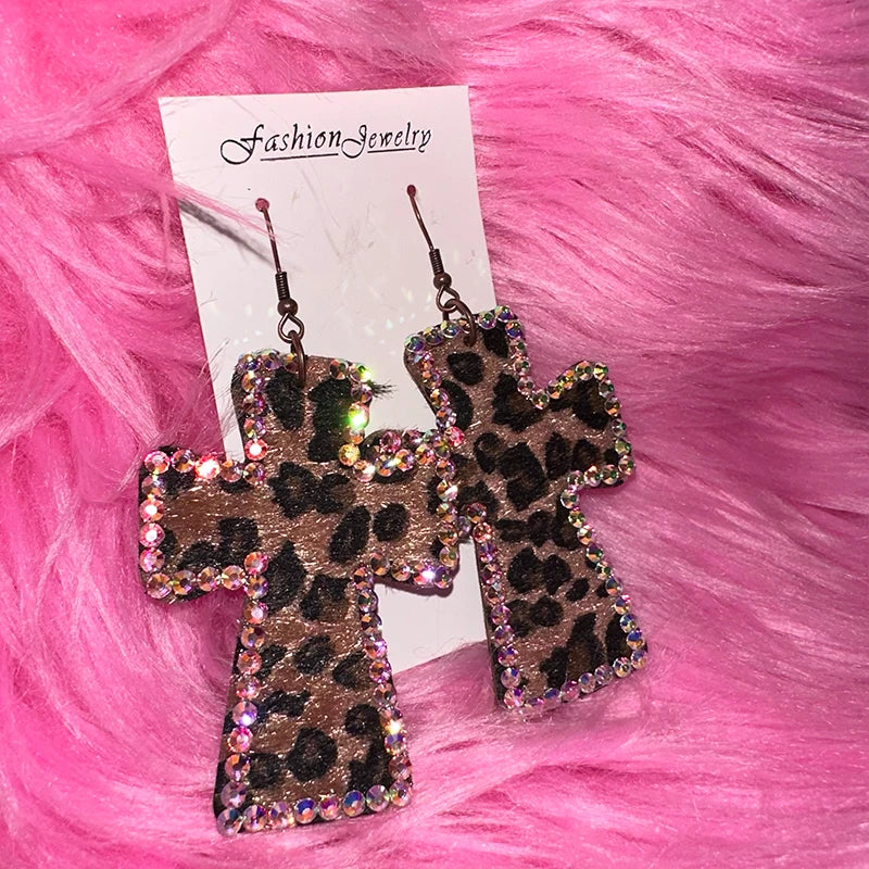 McBling Cheetah Cross Earrings